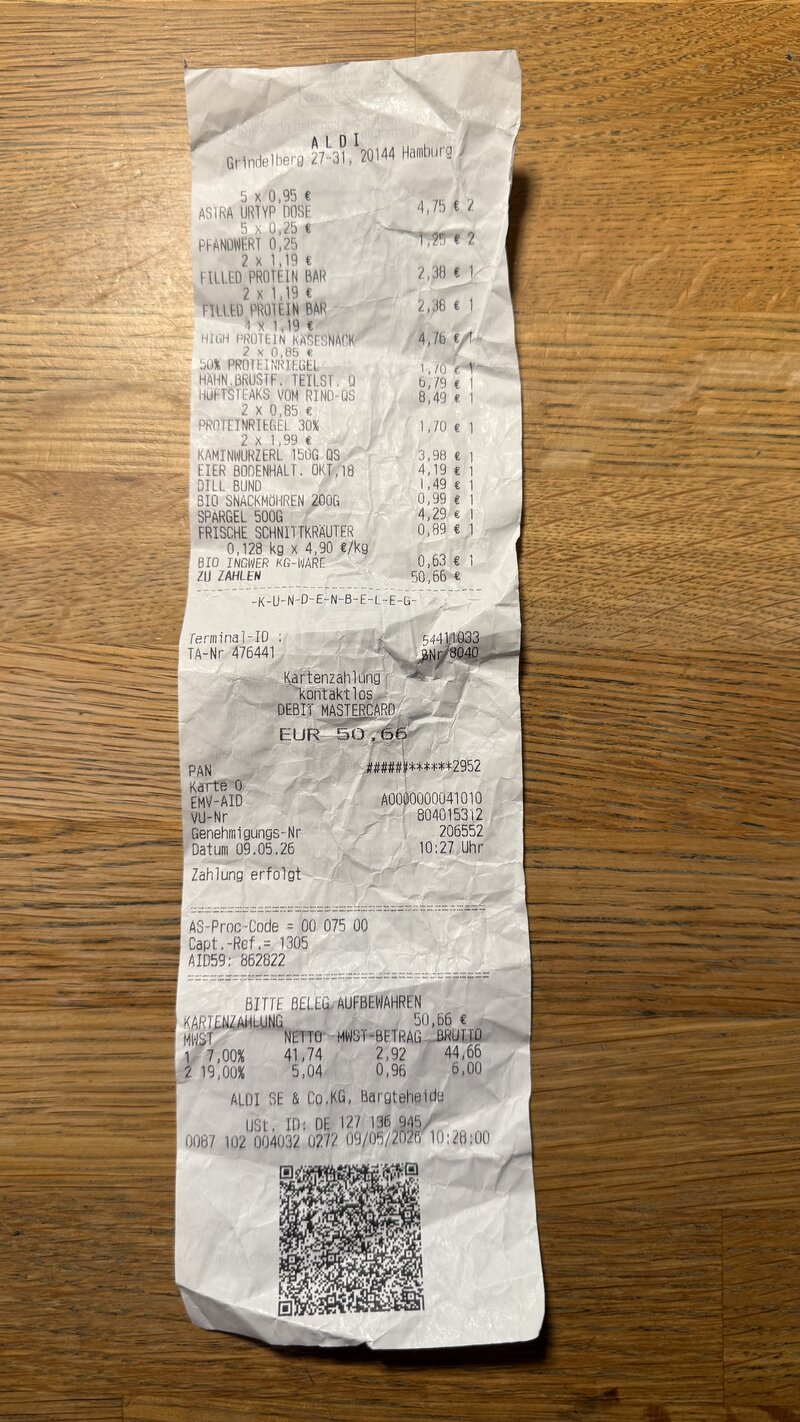Aldi Kassenbon mit 50 Euro Gesamtsumme
